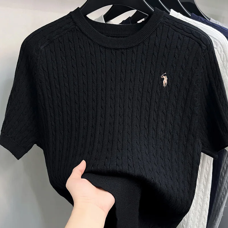 2026 New Old Money Style Luxury Embroidery Fried Dough Twists Knitted Short Sleeve T-shirt Vintage Half Sleeve Men