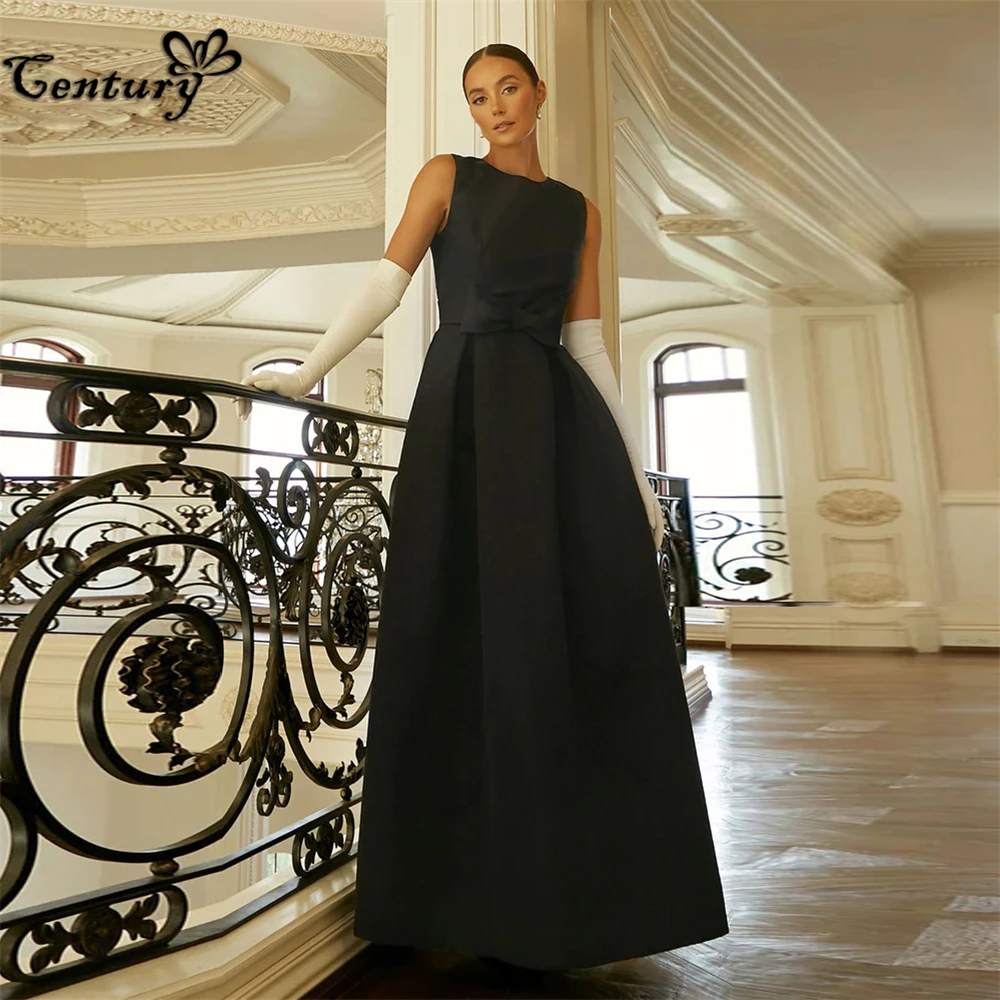 Black Prom Dress Long 2024 with Bow Sleeveless Satin Dubai Evening Dresses Arabic Formal Gowns for Women  Customized