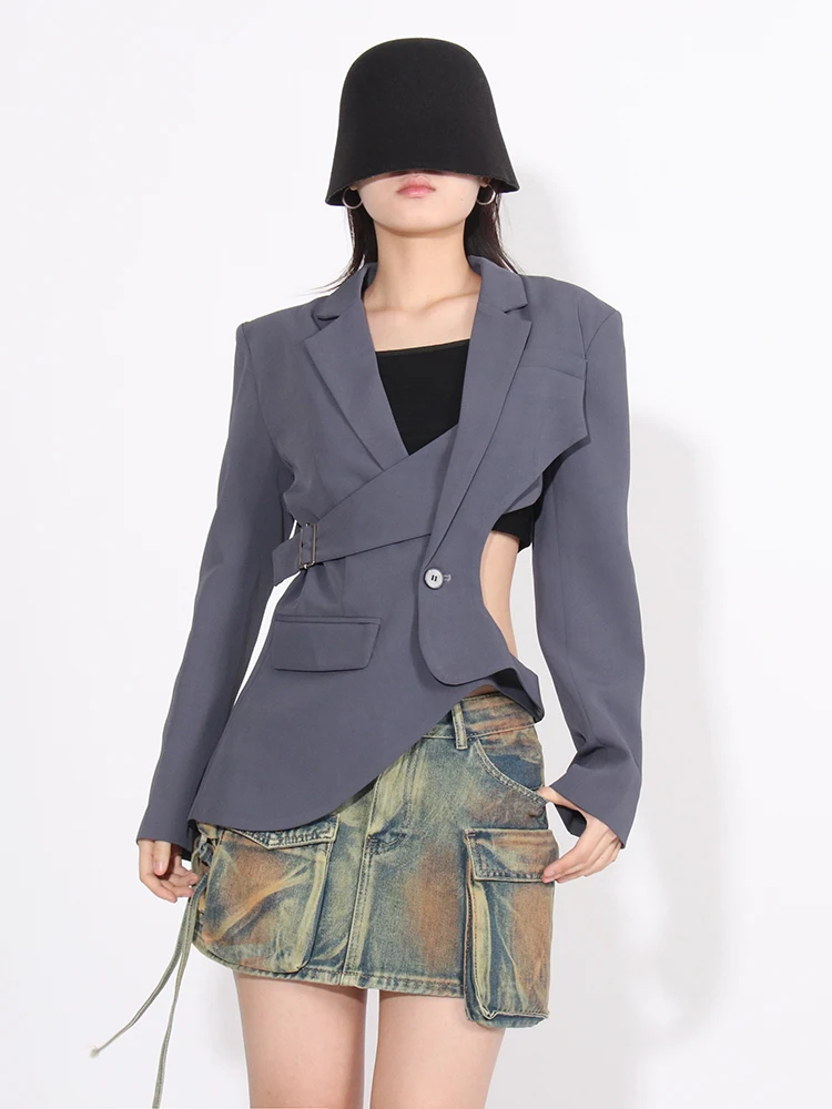 TWOTWINSTYLE Solid Hollow Out Asymmetrical Blazer For Women Notched Collar Long Sleeve Patchwork Pocket Chic Blazers Female New