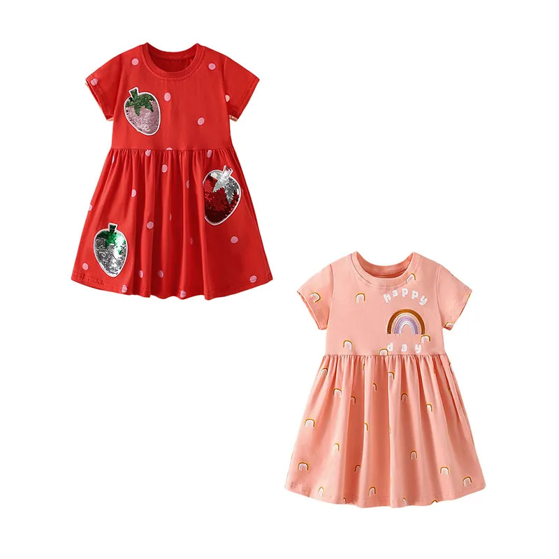 

Jumping Meters Summer Girls Dresses Hot Selling Strawberry Bead Kids Princess School Casual Toddler Cute Frocks Children's Wear