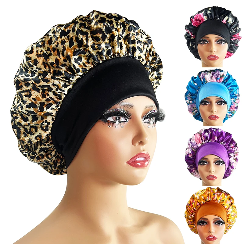 Boné de dormir cetim noite estampa leopardo para mulheres, gorro longo para cabelos encaracolados, cabelo para chuveiro, novo uso múltiplo