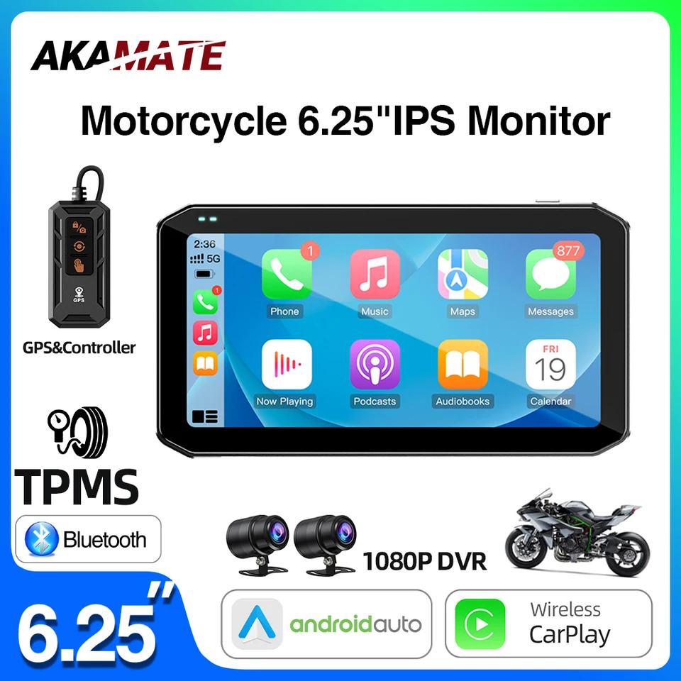 6.25inch Motorcycle Monitor 1080P DVR Recorders Wireless CarPlay