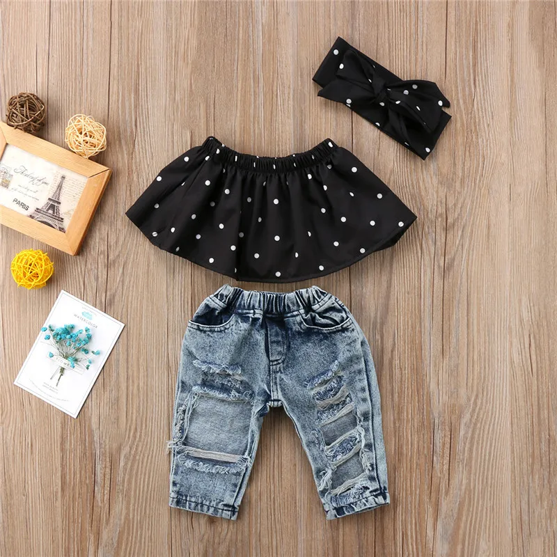 0-36months Baby Girls Summer Outfits Off Shoulder Polka Dot Tops + Ripped Jeans + Bow Headband Girls Casual 3pcs Set