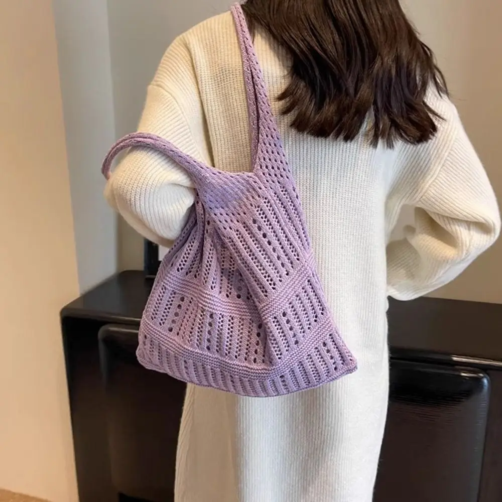 

Hollow Out Women Knitting Shoulder Bag Vintage Large Capacity Beach Tote Bag Simple Soft Casual Crochet Bag Outdoor/Travel