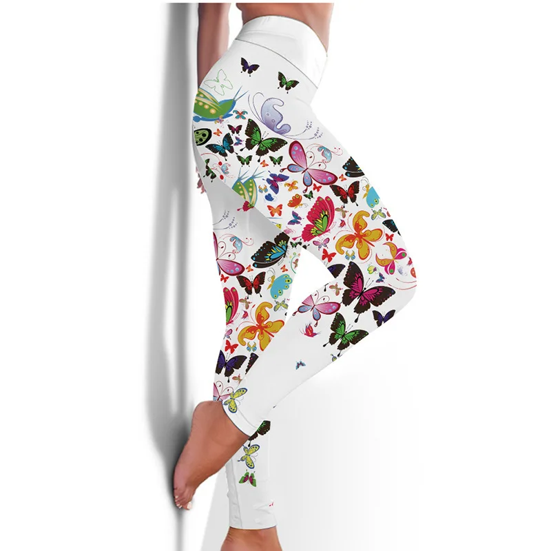 

New Women's Fitness High Elastic Sweat Digital Flower Butterfly Leggings High Waist Slimming Yoga Pants Bottoms