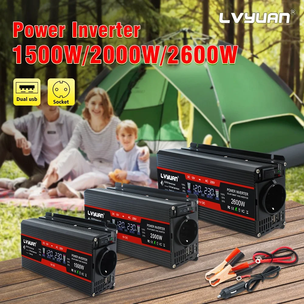 Inverter DC 12V to AC 110V/220V 1500W/2000W/2600W Modified Sine Wave Portable Voltage Converter Car Solar Inverter EU Socket