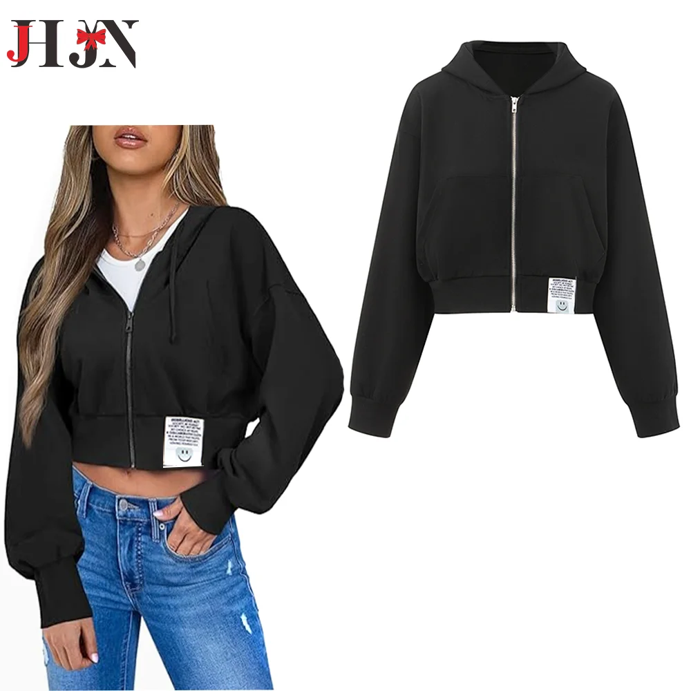 New Korean Women Hoodies Fashion Hooded Sweatshirt Loose Zipper Cardigan Solid Color Crop Tops Streetwear Casual Jacket Trend