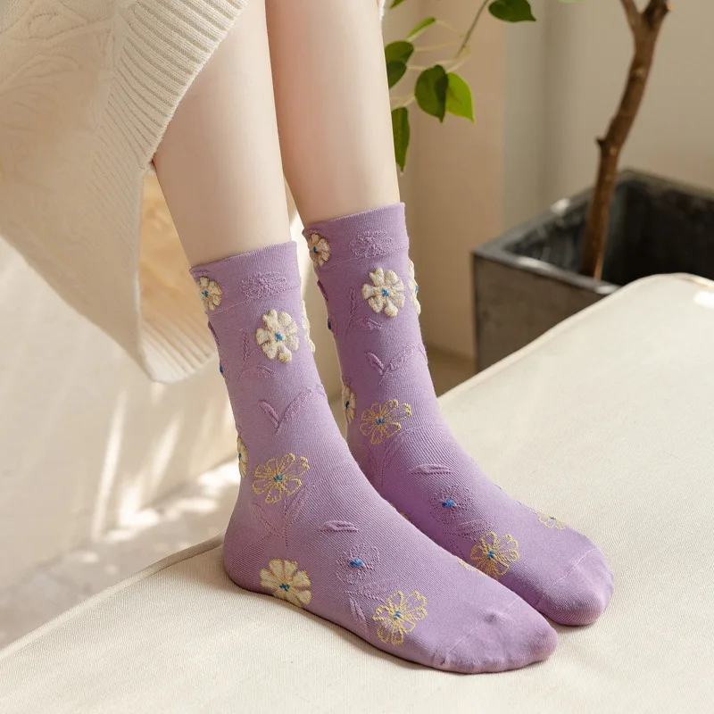 1 Par Moda Elegante Harajuku Retro Mulher Floral Meias Jacquard Do Vintage Korea Algodão Étnico Casual Bonito Meninas Engraçado Brown Sox