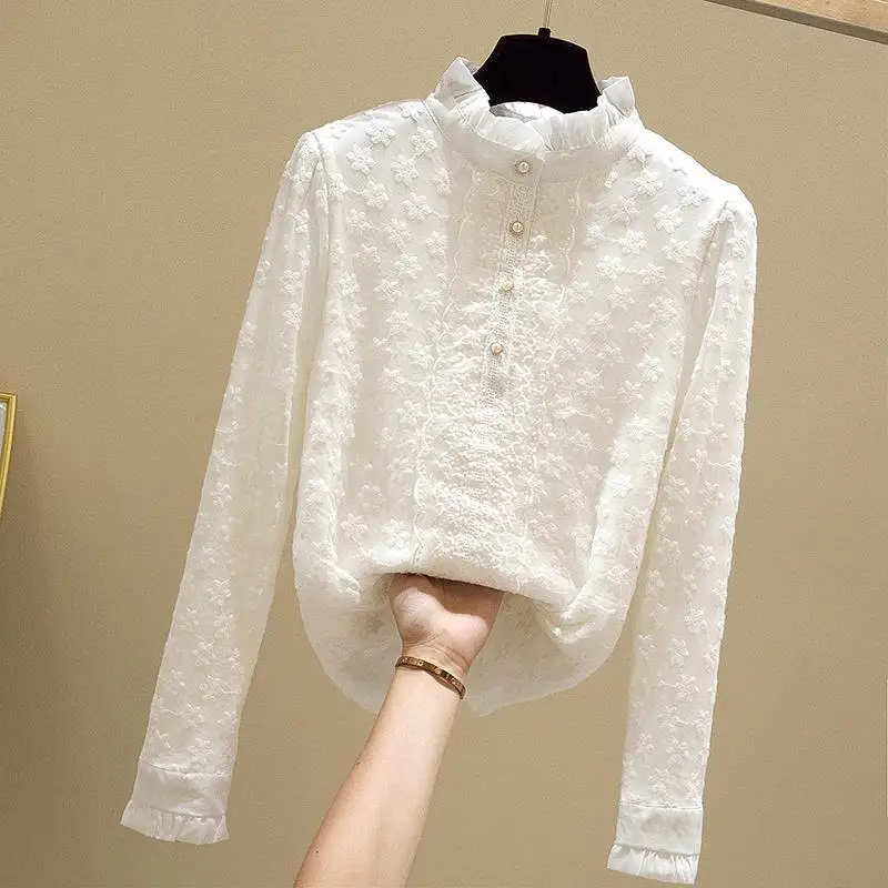 Women's Autumn and Winter New Fashion Elegant Solid Lace Pullover Standing Neck Long SleeveCasual Versatile Commuter PopularTops