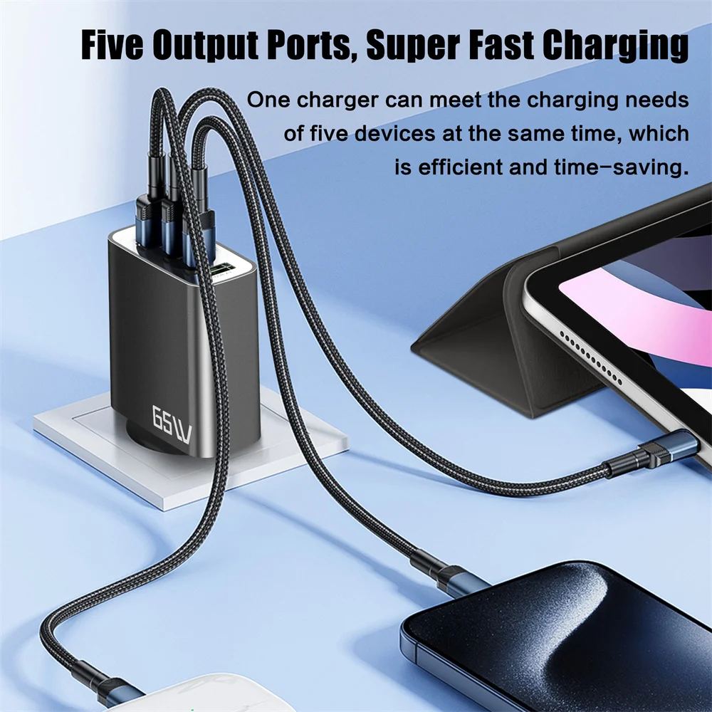 Total 65W USB C Charger Type C PD 5 Ports Mobile Phone Quick Fast Charging Wall Adapter for iPhone 16 Pro Xiaomi 15 Samsung S24