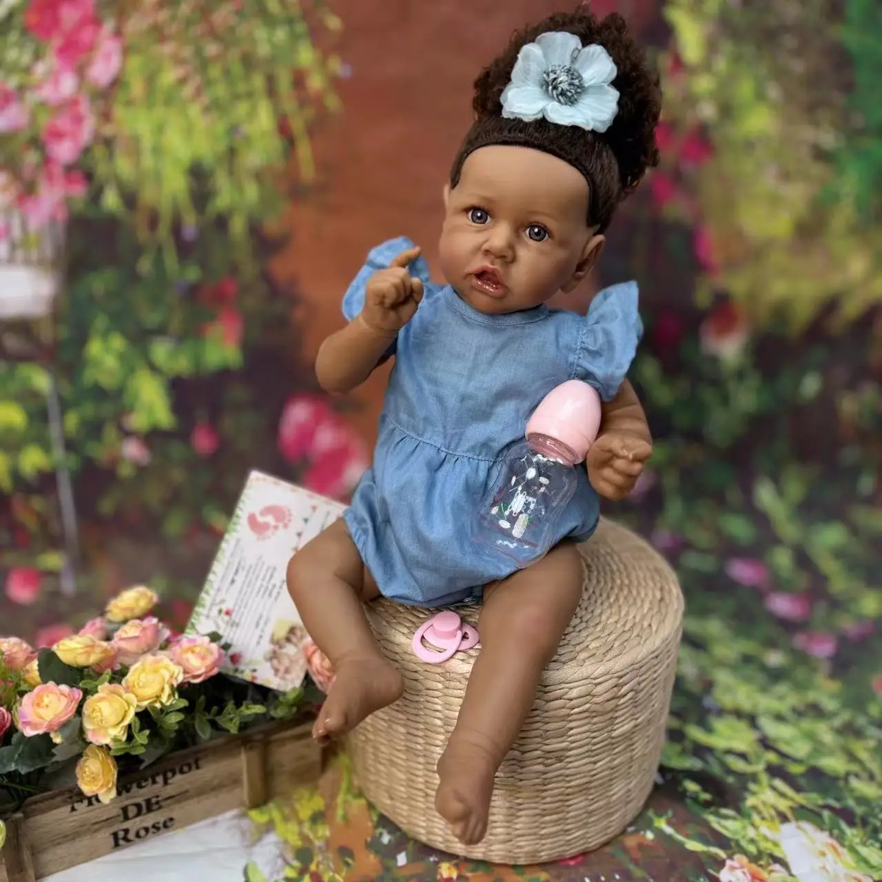 New 22 inch cloth body saskia, black-skinned reborn girl doll with curly hair, handcrafted newborn, exquisite gift for children