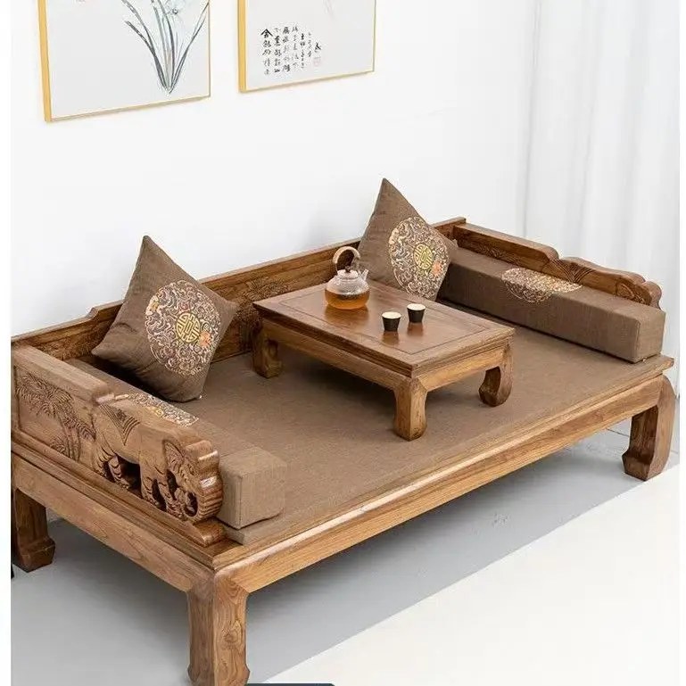 All solid wood Arhat bed, old elm carving, new Chinese style, mortise and tenon antique Arhat, sofa bed three-piece set