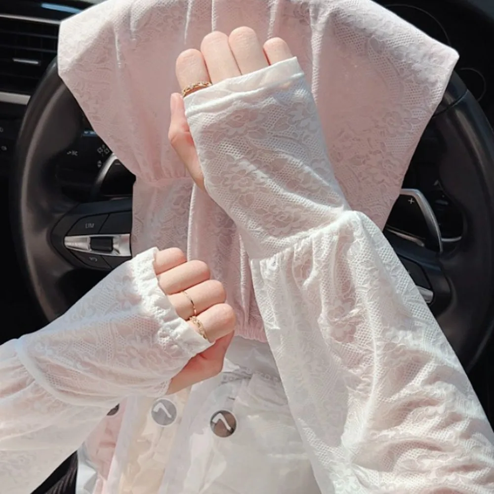 น่ารักบางลูกไม้ผ้าไหมน้ําแข็งแขน Anti-UV ดอกไม้ครีมกันแดดแขนยาวแขนครอบคลุมถุงมือขี่จักรยานฤดูร้อน
