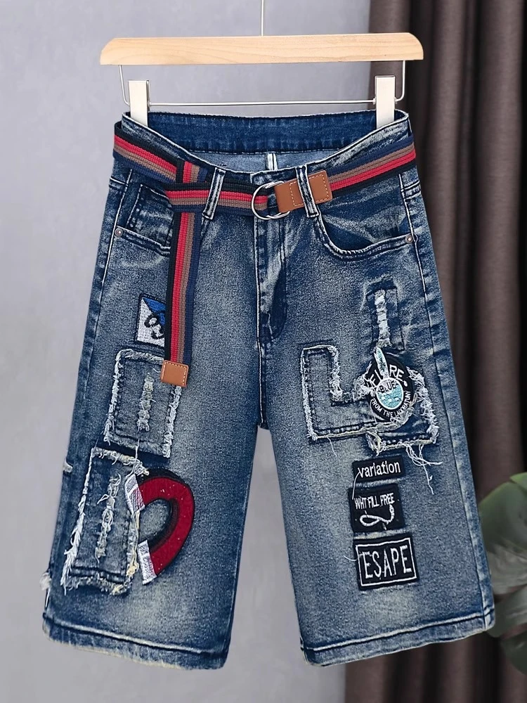 

Синие тонкие джинсовые шорты-бермуды, летние модные потертые джинсы с принтом Y2k, женские джинсовые короткие брюки высокого качества с поясом