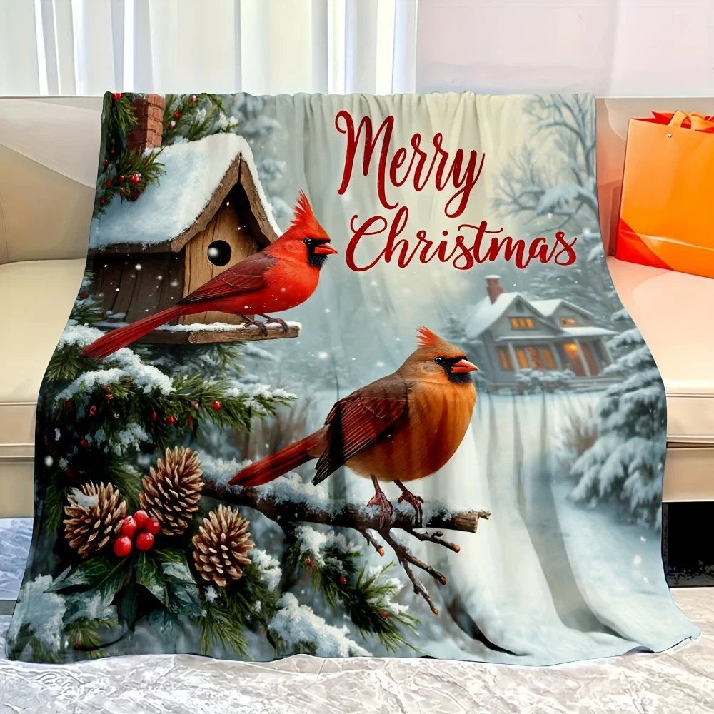 1pc Red Cardinal Winter Birds Christmas Blanket Soft Flannel All-Season Cozy Throw with Merry Christmas Lettering Snowy
