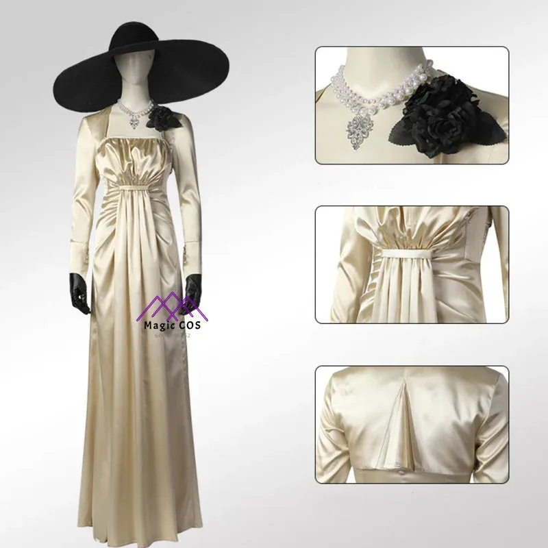 

Movie RE8 Village Alcina Long Dress Dimitrescu Carnival Cosplay Costume Halloween Party Outfit Vampire Suit Hat Anime Clothes