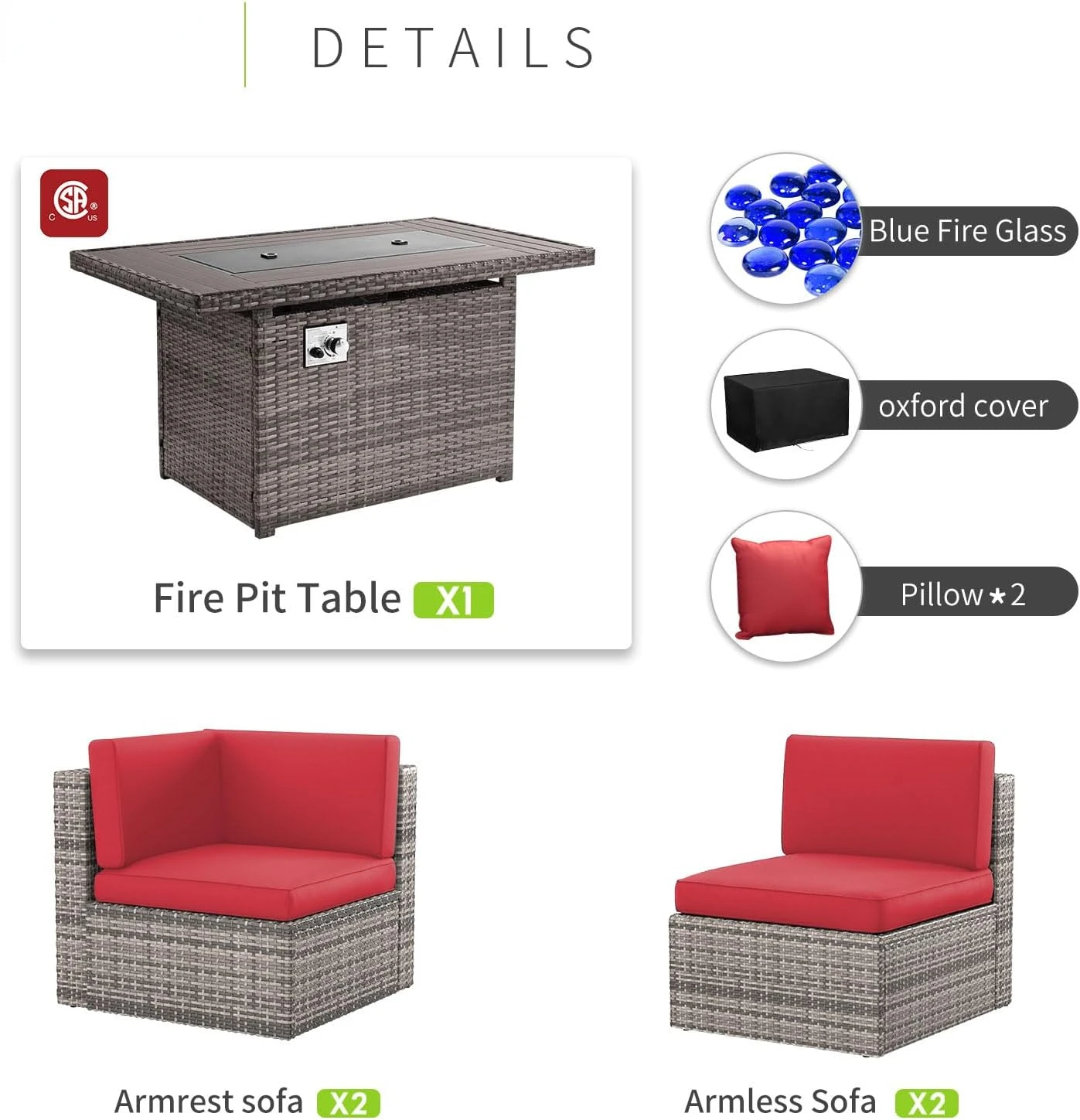 5 PCS Patio Furniture Set with 40" Fire Pit Table Outdoor Wicker Rattan Sectional Sofa Set, People in Small Size