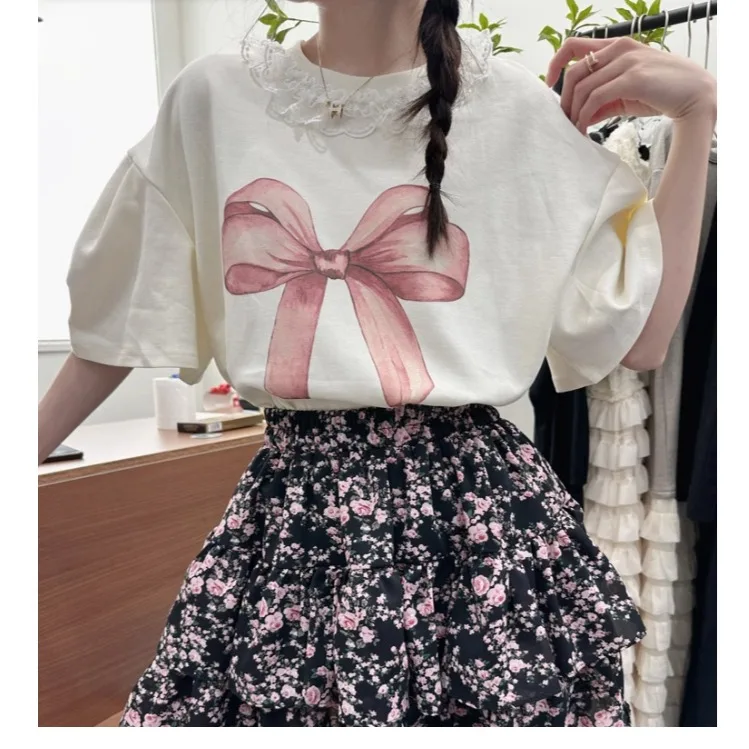 

Summer New Sweet Loose Cotton ort Sve T-irt Women's Street Sle Printed Knot Pure Cotton Top Fem