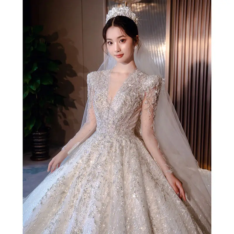 

Luxury Shiny Ball Gown Wedding Dress Sexy V Neck Full Sleeves Formal Princess Dubai Arabia Puffy Lace Up Back Bridal Gown Robe