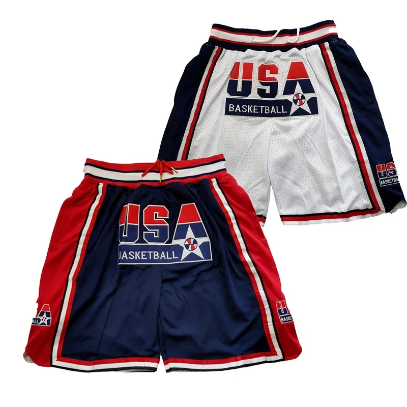 

Basketball shorts 1992 country USA Four pockets Outdoor sports Beach pants Sewing embroidery high quality New style White Blue