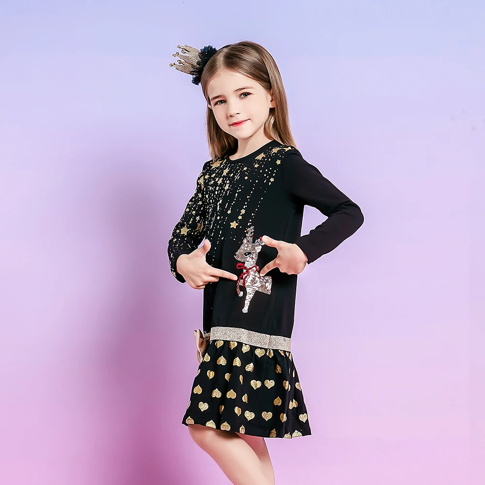 DXTON New Year Children Dress Sequined Elk Kids Dresses For Girls Star Print Long Sleeve Winter Toddler Cotton Dress Xmas Clothe