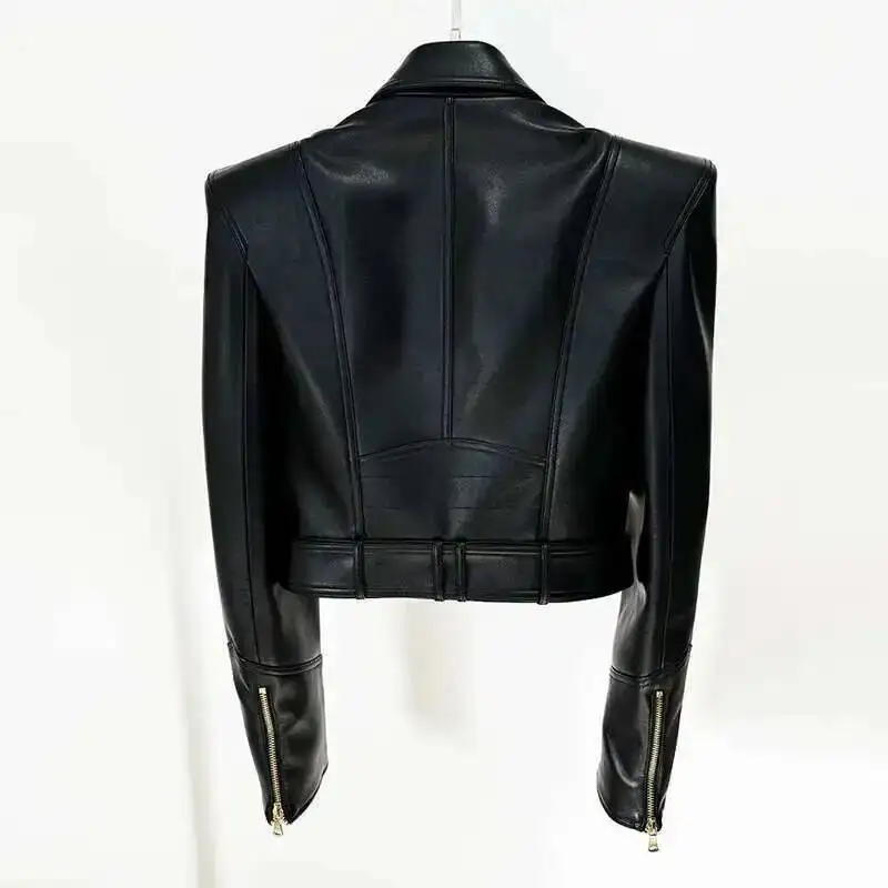 HKSH 2026 Spring Autumn New Women Short Jacket PU Leather Double Breasted Belted Streetwear Motorcycle Chic Punk Ins Coat HK3915