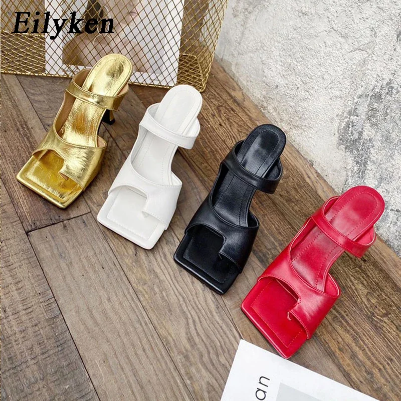 Eilyken New Summer Wedding Party Women Slippers Fashion Square Clip Toe Narrow Band High Heels Slides Female Shoes