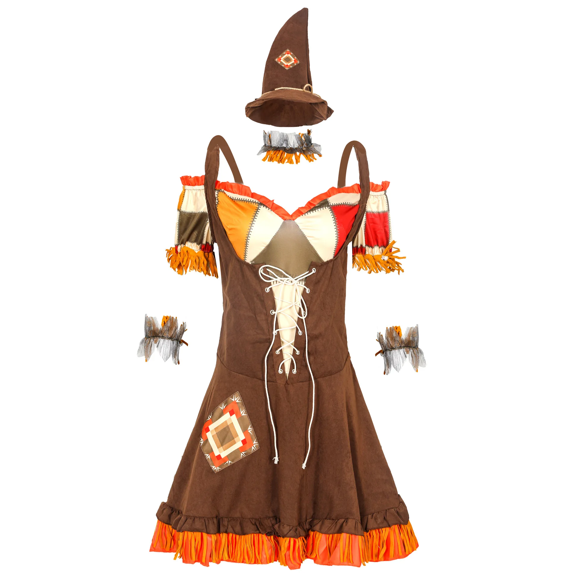 Adult Halloween Costume Cosplay Wizard of Oz Scarecrow Drama Stage Patchwork Pattern Dress Farm Rural Themed Party Suits view 6