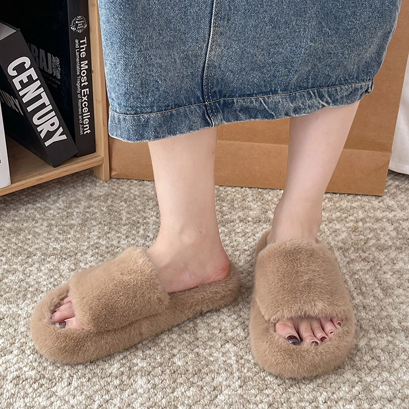 

2024 Women's Fashion Simple Flat Heeled Slippers Women's Slippers Versatile Comfortable Soft Pile Cotton Indoor Winter Slippers