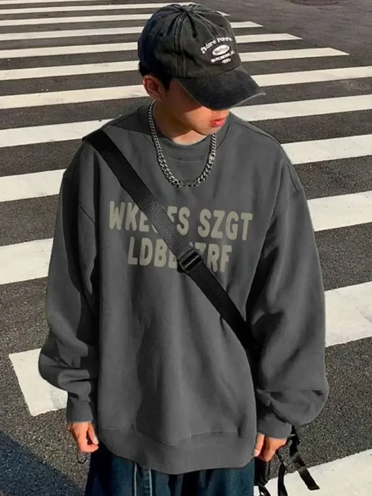 

Round neck oversize heavyweight sweatshirt for men spring and autumn trendy brand jacket vintage American gray long sleeved top