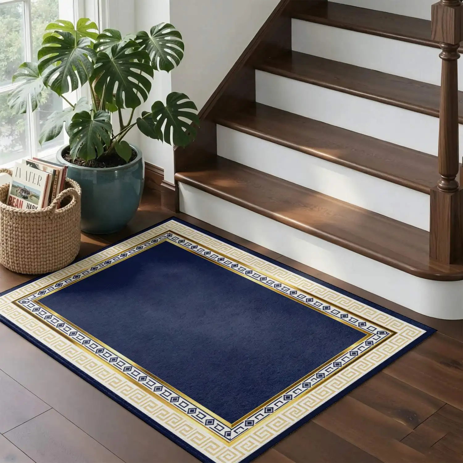 1Pc 2D Printed Dark Blue Geometric Border Carpet: European-Style, Modern Minimalist, Suitable for Home Decor, Available in Multiple Sizes, Machine Washable, Ideal for Entryway, Dining Room, Foyer, Bedroom, Living Room