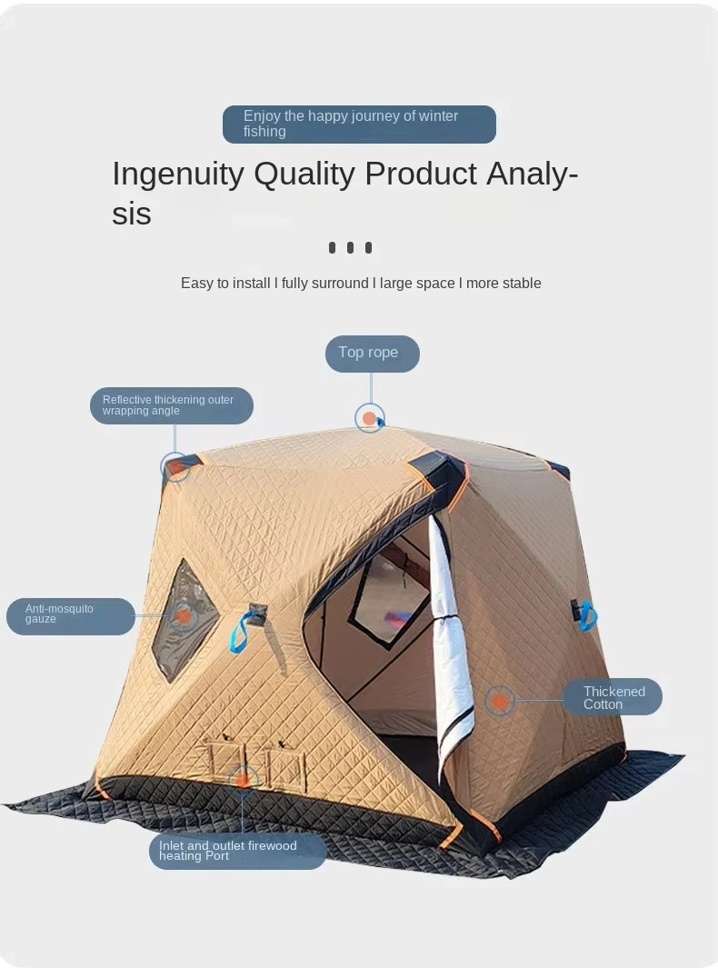 Winter Square Fishing Tent Panoramic Windows Chai Warm Mouth Design Fiberglass Frame Windproof Waterproof Outdoor Camping Ice