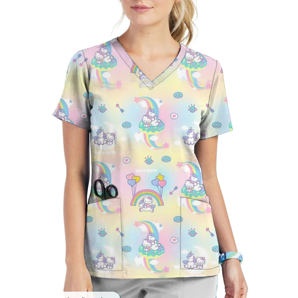 Hello Kitty/Kuromi printed nurse frosted top women's work clothes shirt short sleeved V-neck uniform dentist nurse uniform