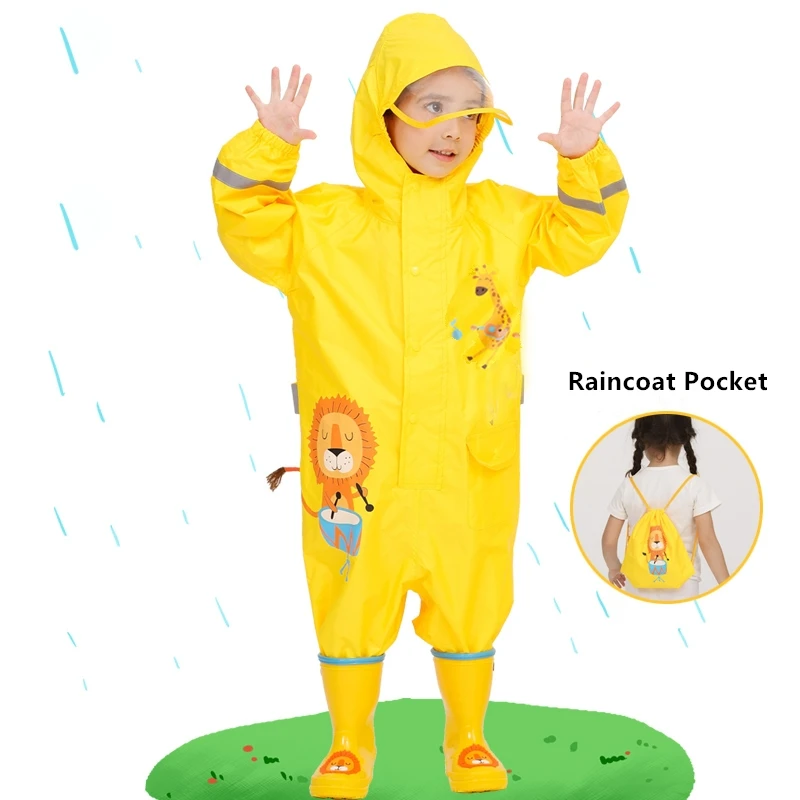 Kids Rain Suit with Hood Waterproof Jumpsuits Baby Cartoon Animals One Piece Raincoat Children Boys Girls Rainwear 1-12 Years