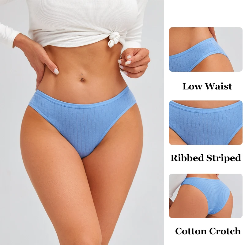 FINETOO 5PCS/SET Cotton Ribbed Striped Underwear for Women Plus Size 10 Soild Colours Stretch Briefs Ladies Soft Lingerie S-3XL - Image 4