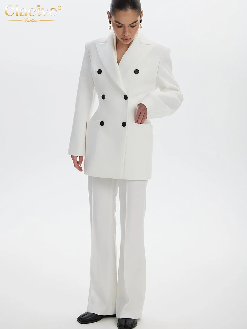 

Clacive Fashion Loose White Office Women's Two Pieces Set 2025 Winter Long Sleeve Blazer With High Waist Wide Pants Set Female