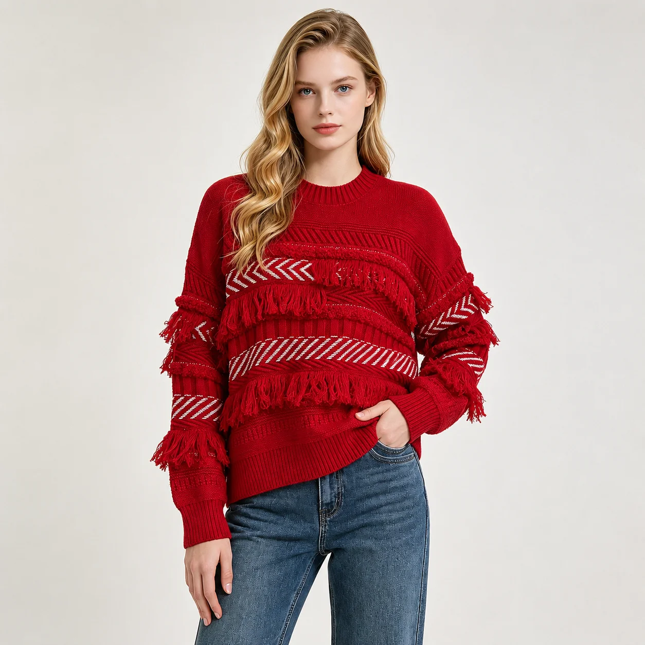 EOENKKY Women Red Fringe Sweater Crew Neck Knit Pullover Loose Long Sleeve Geometric Stripe Casual Winter Knitwear