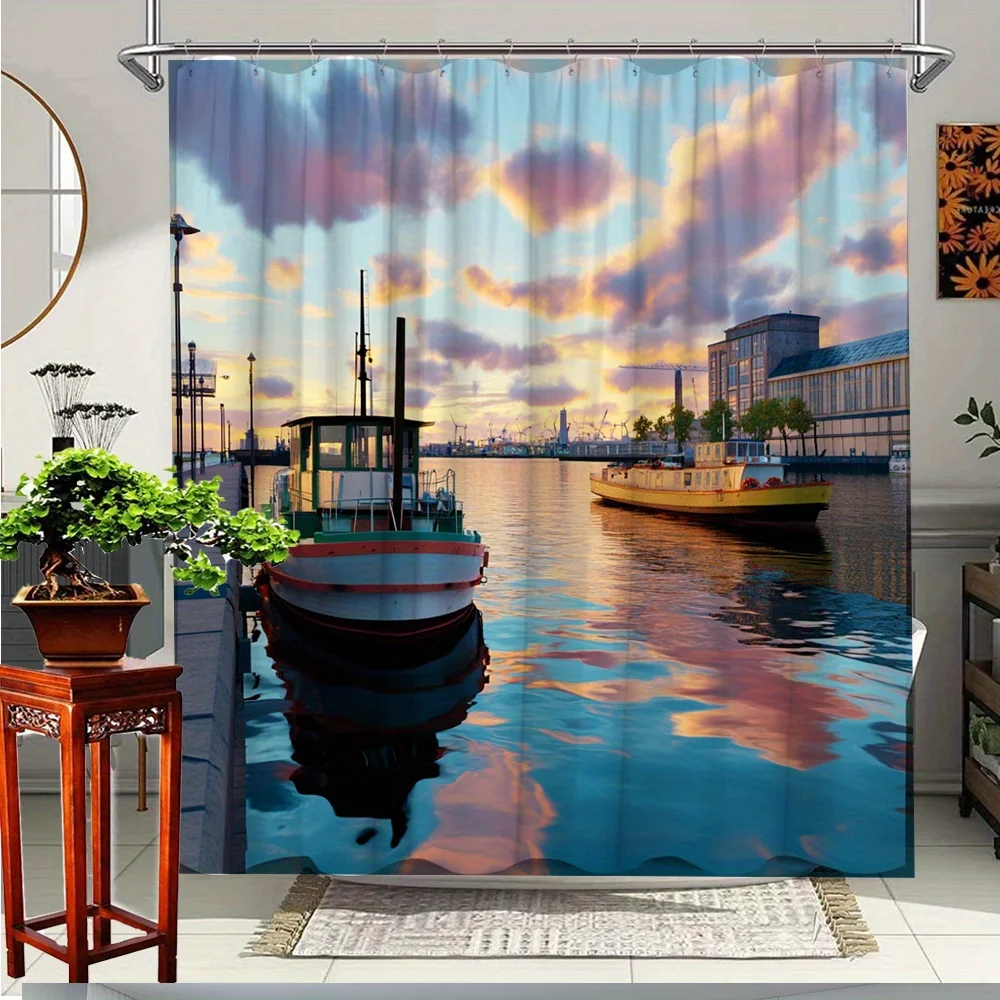 Rideau de douche au coucher de soleil côtier, 1 pièce, avec bateaux serénaux et conception d'eau tranquilique, décor de salle de bain en tissu Polyester 70.8x70.8 pouces,