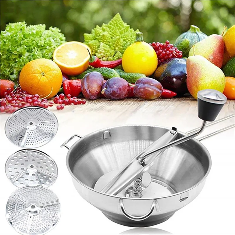 Vegetable Mill Stainless Steel Food Rotary Mill Strainer Potato Strawberry Jam Masher Grinder with 3 Milling Disc