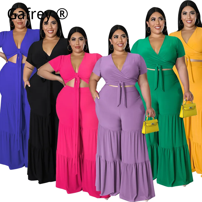 

Комплект из 2 предметов для женщин больших размеров (2XL-5XL): модный топ и брюки с широкими штанинами, летний повседневный свободный костюм, элегантный уличный стиль