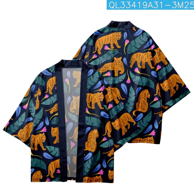 Summer Couple Women Men Haori Yukata Streetwear Casual Cartoon Tiger Leaves Printed Kimono Beach Shorts Cardigan