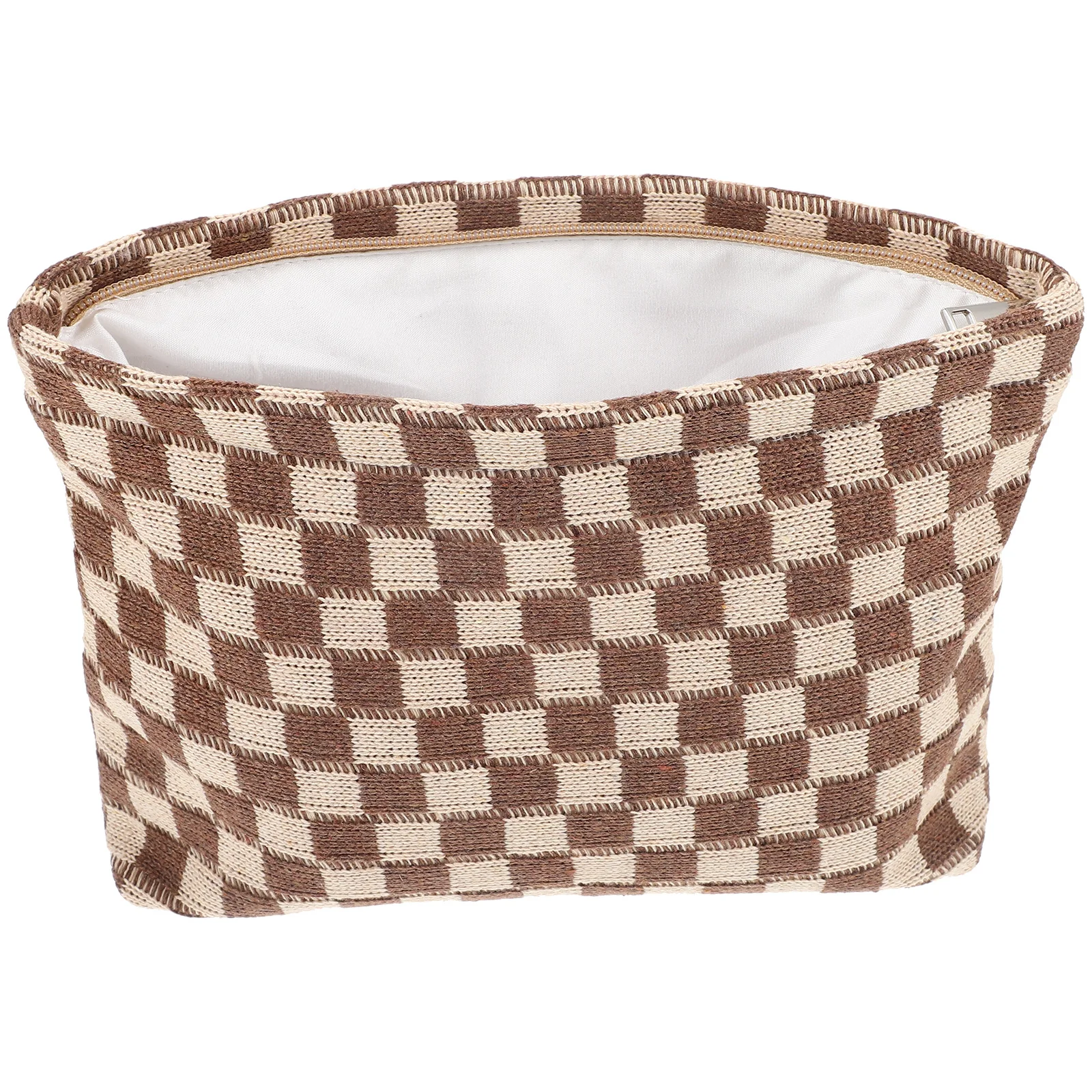 

Knitted Makeup Bag Chessboard Pattern Portable Organizer for Travel Women's Toiletry Storage Pouch Zipper Closure
