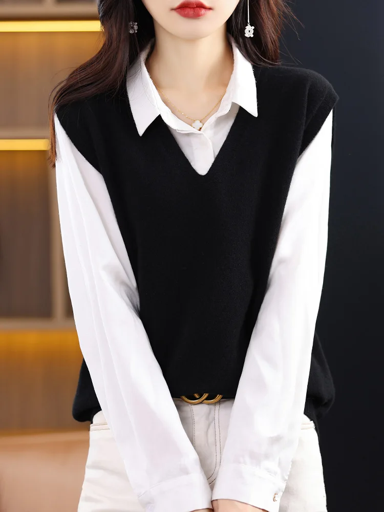 V-neck 100% Merino Wool Pullover Sweater Vest Women Autumn Winter Soild Sleeveless Thickened Versatile Cashmere Knited Waistcoat