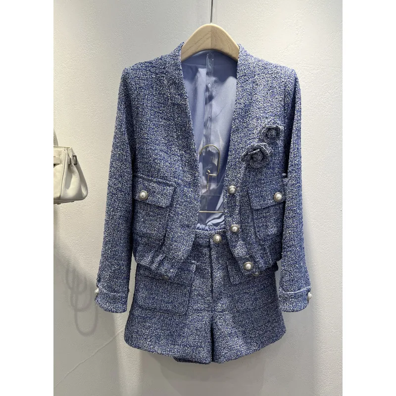 Women's blue 2-piece tweed suit jacket+high waisted shorts 2026 autumn/winter new small fragrant style women's clothing