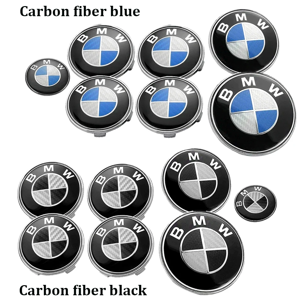 7Pcs BMW Wheel cap Car carbon fiber Hood Emblem Rear Trunk logo For BMW E36 E46 F20 E90 E30 E91 F10 F30 X5 X3 E53 X6 accessories