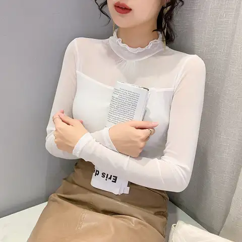 Spring and Autumn Women's Versatile Mesh Long Sleeve Top Look Thin Half Height Black Ear Collar White T-shirt