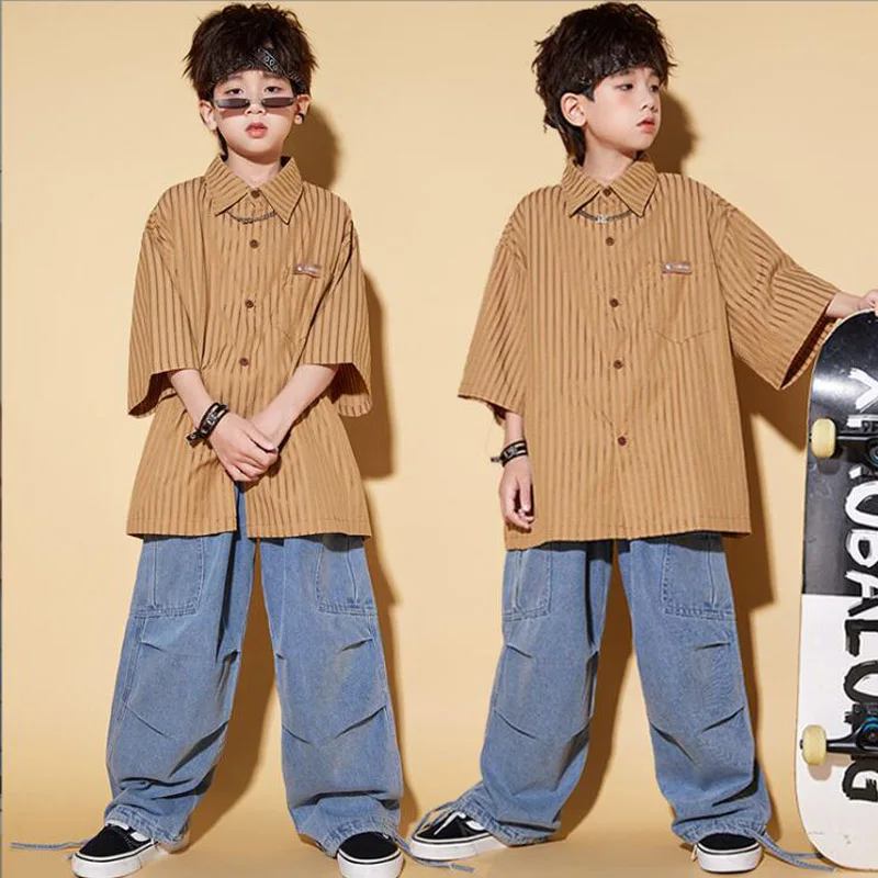 Girls Hip Hop Clothing Stripe Shirt Street Dance Denim Cago Pants Children Streetwear Clothes Sets Kids Jazz Showing Costume