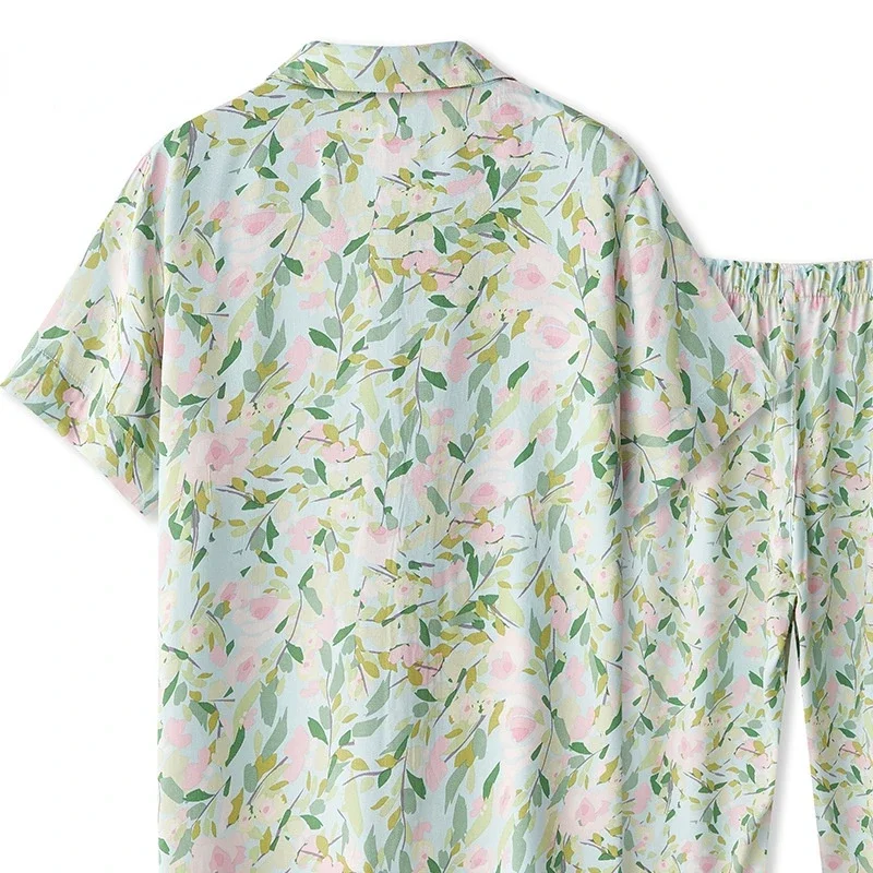 2022 New Satin Pyjamas Women Short Sleeve + Trousers Pajama Set Green Floral Print Sleepwear Viscose 2 Piece Home Service Suit