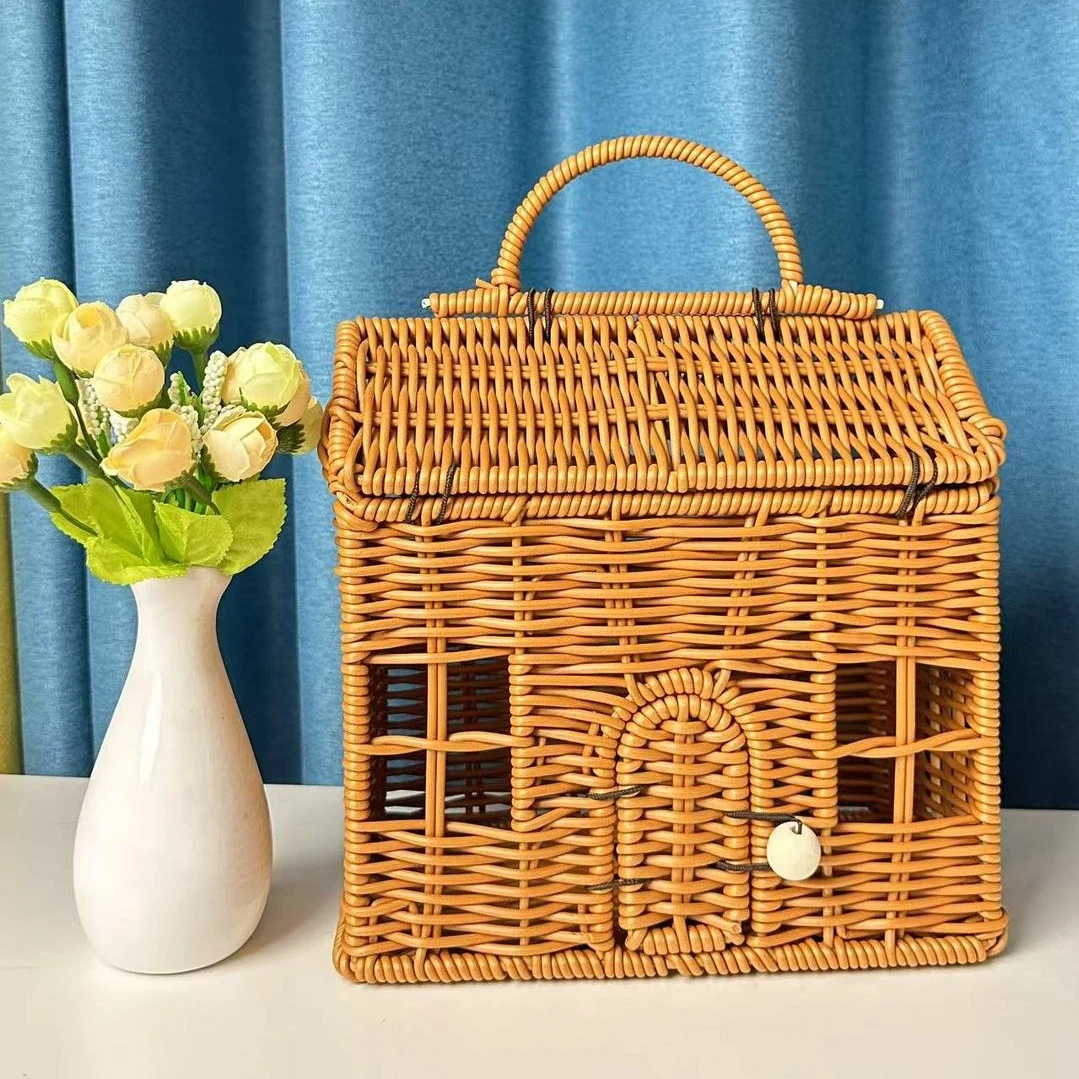 Small Rattan House Shaped Basket Garden Harvest Wicker Shelf Organizer with Lid Decorative Hand Woven Doll House Picnic Basket