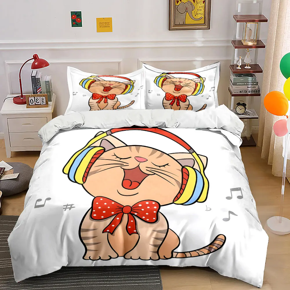Singing cartoon cat Printed Duvet Cover Set 1 Duvet Cover+2 Pillowcase Multi Size Bedroom Bedding Decor Luxury Gift